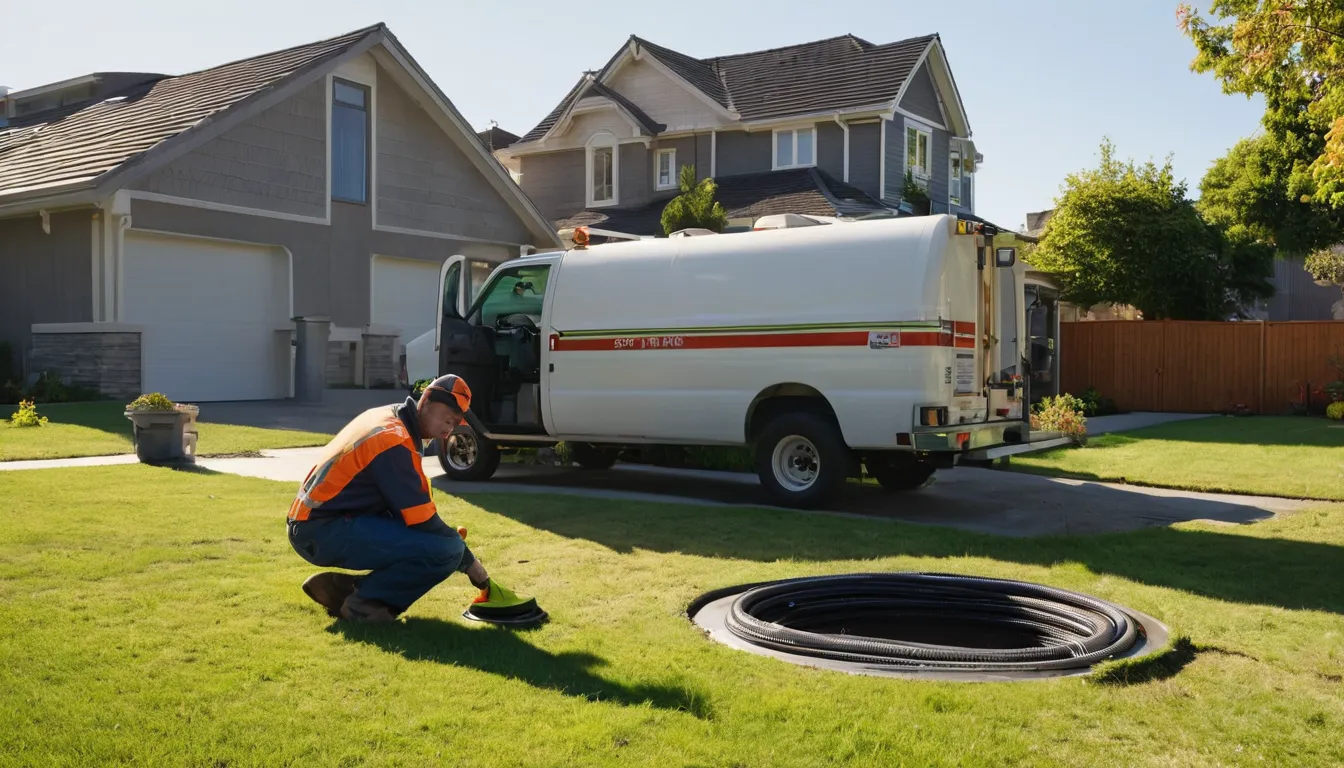 Septic service truck parked at a home in Cleveland while a technician checks the tank lid